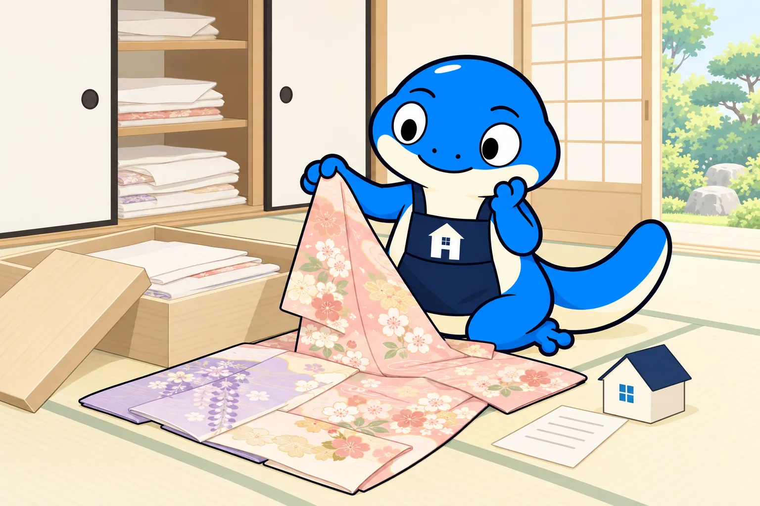 押入れから出てきた着物を広げて見せる、ヤモリのキャラクター
